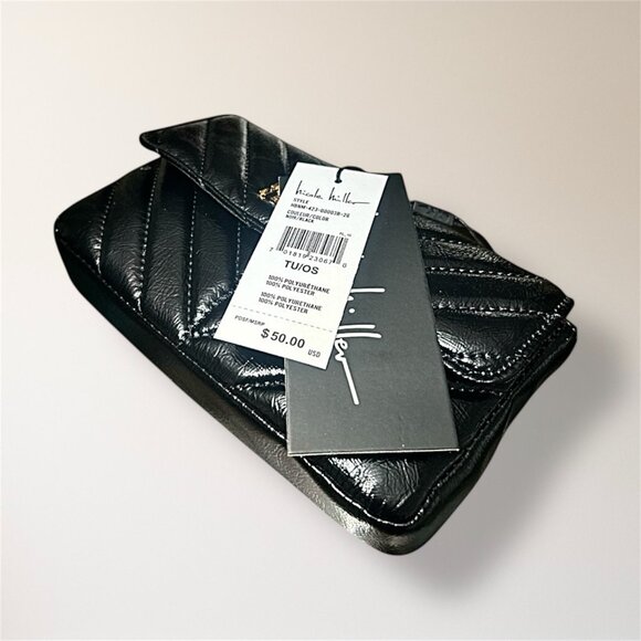 New Nicole Miller Black Quilted Crossbody Bag Chevron Gold Chain Cocktail Party - Picture 2 of 12